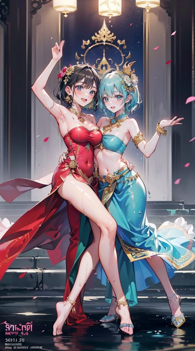 (2 young women ,beautiful woman),(เด็กหญิงshyุ 20 ปี)，smile，(light green short hair)，nobility，(princess)，blue student，Tall figure，((Strapless Thai dress))，low skirt，(Strapless Thai dressที่noทีสาย)，lolita skirt，Show your legs，Barefoot，red carpet，prom website，(nobility)，(titsใหญ่),(Various positions),Highest quality、Highest picture quality、Masterpiece,, ,(((Navel drive,dance,dance,Thai dance))), (there&#39;noมีอะไรปิดบังจิ๋ม.), (noมีกางเกงชั้นใน), (very good:1.2), (shy:1.2), (wet:1.2),  (feel sexually happy:1.6), (แยกชุดโชว์tits:1.4),fully ?????, no, สมบูรณ์แบบtits, tits, big girl,rift, visible chest, Show your breasts, open chest,((bare breast:1.37)), ฉันเห็นtitsโป่งพ,(large areolae:1.4,pink,titsมองเห็นได้ชัดเจน..)
