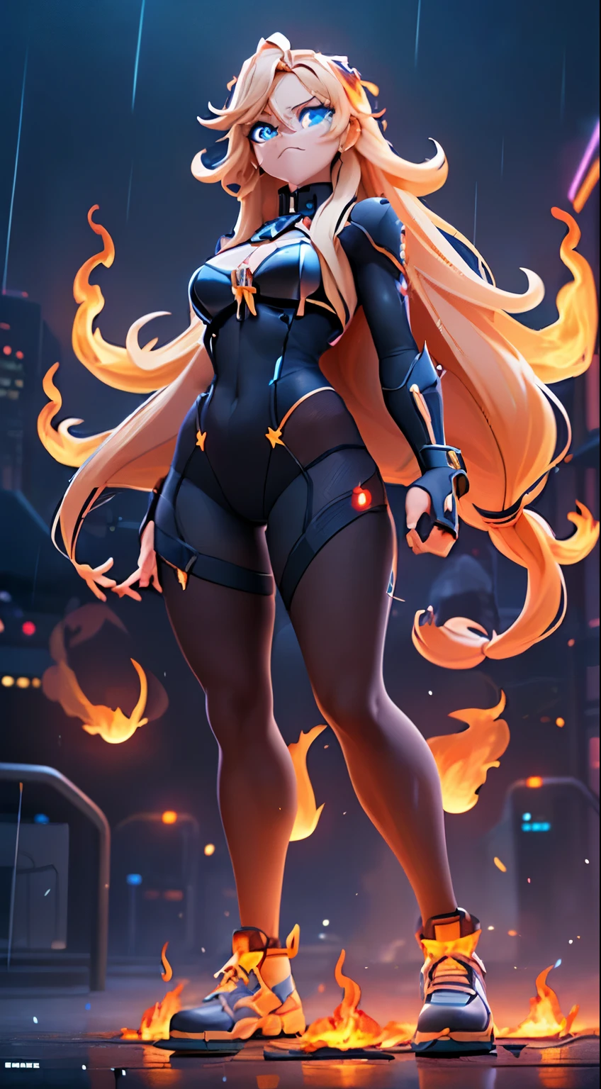 (Dynamic Angle:1.4), ((Full body posing:1.5), (Colorful:1.2), (Highly detailed CG Unity 16K wallpaper:1.1), (Denoising strength: 1.45), (tmasterpiece:1.37), ((Official art)), of the highest quality, (Realistic), Green Cyber Girl, 2 head body,Deformed Character,cute expression, (Super long hair:1.6),voluminous hair,Hair in motion,Golden hair,Glowing eyes,(blue eyess:1.2), wires, (LED:1.3), (a hologram:1.2), ((Flames from the hands:1.5)),((have difficulty with:1.5)),futuristic city street, Neon light, Skyscrapers, (Night:1.2), (Rain:1.2), (Rainbow Model:1.2), 8K resolution, (Anime style:1.3), Cinematic lighting, chromatic abberation, spark of light, Ray tracing, blending, ultra wide-angle, Hasselblad, (masutepiece), (masutepiece), ((Best Quality)), ((masutepiece)), nffsw