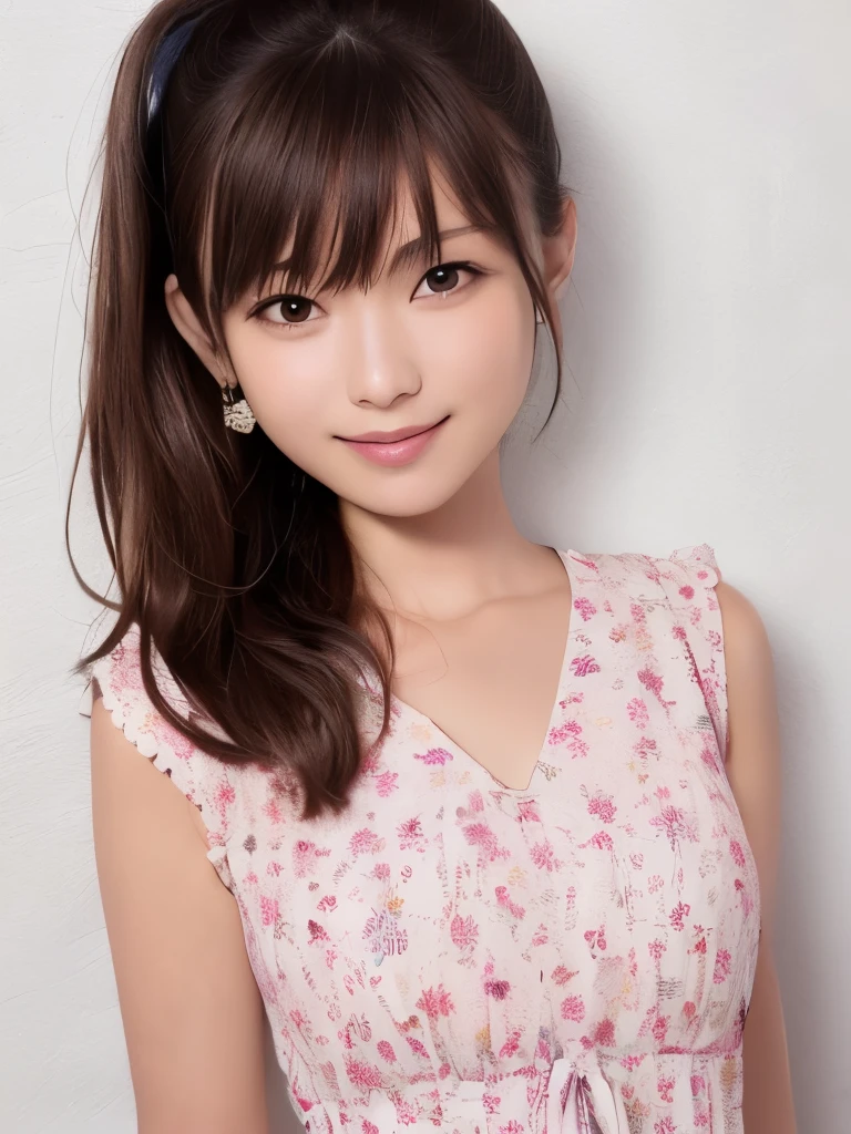 (Highest quality、8K、32k、masterpiece)、(Realistic)、(Realistic:1.2)、(High resolution)、Very detailed、Very beautiful face and eyes、1 Girl、Round and small face、Tight waist、Delicate body、(Highest quality、Attention to detail、Rich skin detail)、(Realistic、Realistic:1.37)、Bright colors、(((Brown Hair)))、(((Upper Body Shot)))、(((Long Hair)))、(((Side Ponytail)))、(((White wall background)))、(((White wall background)))、(((smile)))、(((Wear a dress)))、(((Arms folded in front of chest)))、(((Pink floral dress)))、Arms crossed