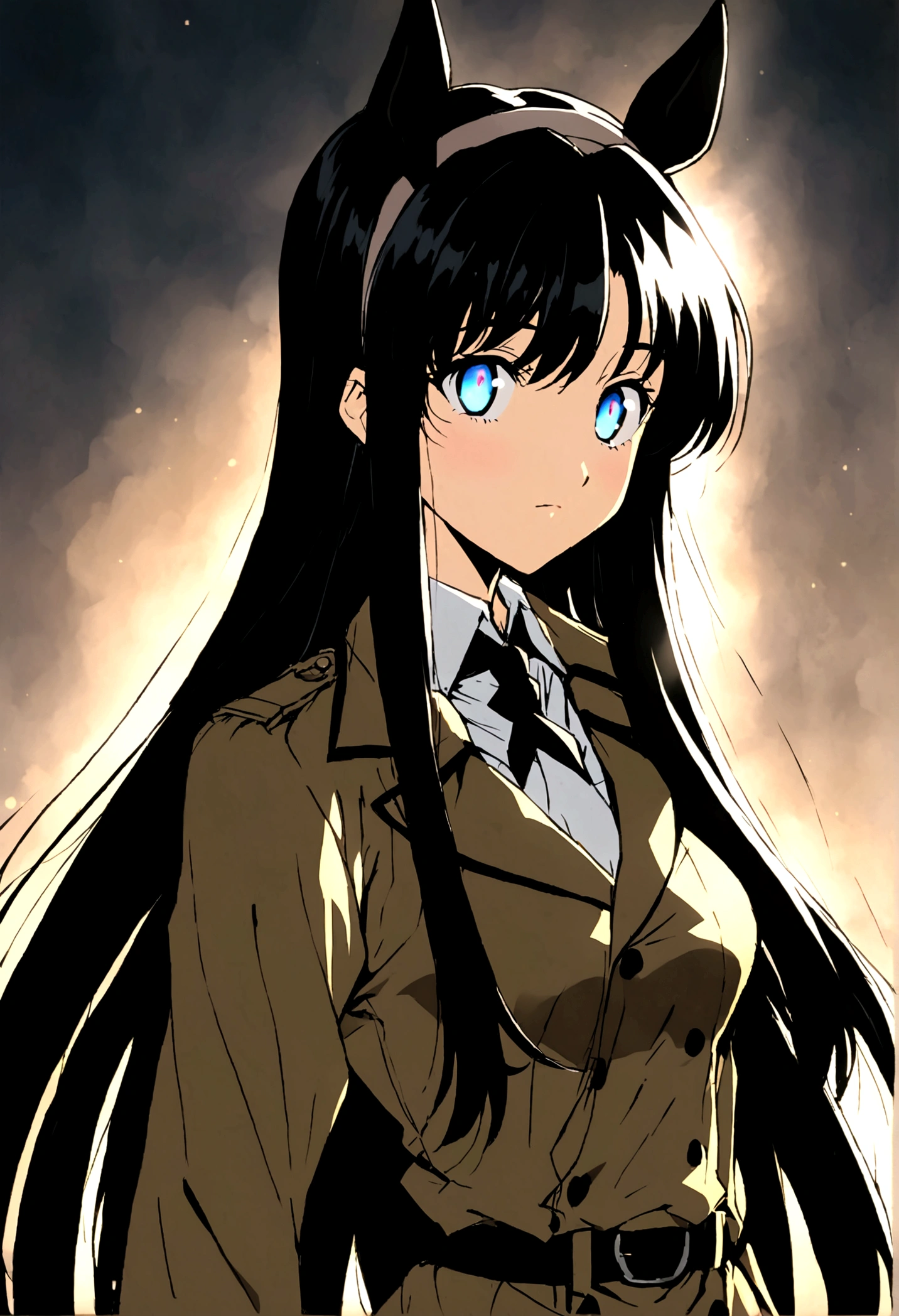 Anime girl with long black hair and blue eyes, Anime Moe Art Style, Gothic maiden anime girl, Gap Moe Yandere Grim Dark, Basic trench coat　Female CEO, ghostly eyes and black hair, 1 7 - Year Old Anime Girl, ufotable&#39;s art style, by Hitoshi Homura, Fate-like anime style/Stay Night, Long Hair Anime Girl　Light blue eyes　Horse ears　Horse Girl

