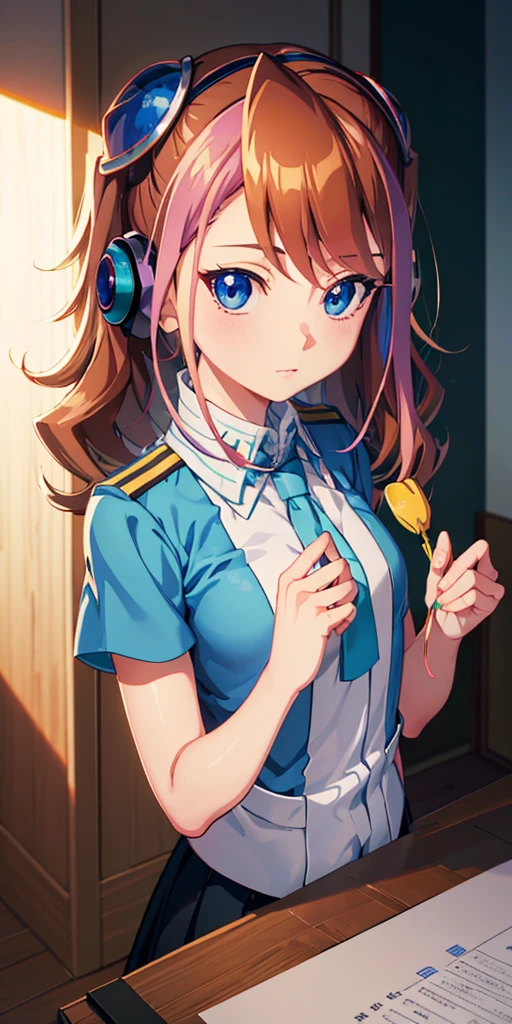 masutepiece, Best Quality, (Very detailed CG Unity 8K wallpaper) (Best Quality), (Best Illustration), (Best Shadows), Miku Nakano, Miku, Brown hair, Blue eyes, headphones, uniform, Indoors, Beautiful detailed eyes