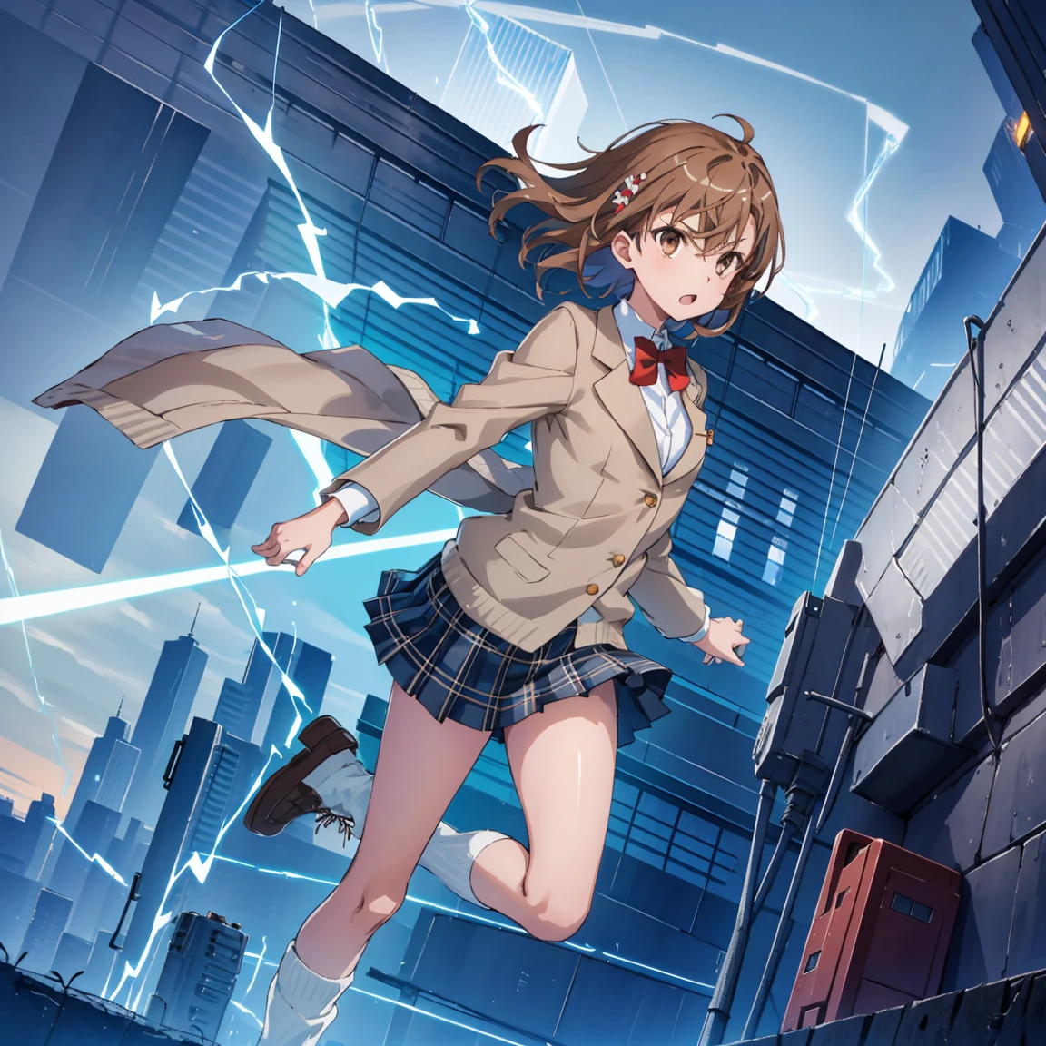 looking at viewer, 1 girl, Solo, misaka mikoto, Best quality, brown hair, brown eyes, perfect hair, detailed eyes,bowtie, brown jacket, red bow, red bowtie,blazer, bow, ， skirt, pleated skirt, shorts, grey skirt, socks,shoes, loose socks, shorts under skirt, loafers, brown footwear, black skirt, short shorts, blue plaid skirt with criss-cross lines in black and tan, pleated skirt with black pleats and school style, Skyscrapers, Electric, Lightning, Futuristic, Technological, Power, Magnetic, High-tech, Railgun, Energy, Electromaster, Vibrant, Energetic, Dynamic, Action-packed, Thrilling, Rooftop, Power lines, Sparkling, Electrical arcs, Adventure, Streetlights, Charging, Pulsating, Pulse beams, Striking, Blue hues, Fast-paced, Skyline, Energy bolts, Neon lights, Urban sprawl, Overpass, Techno-wizardry, Unforgettable, electric powers, electric power around the girl, blue electricity, electric aura 40 11 2skip Yaki dofu