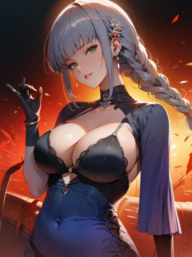 by Wlop,(Masterpiece),(Highest quality:1.4), (Highest Detailed:1.3), (8k very detailed CG unit wallpaper), anime girl in short shorts and jacket standing next to giant robot, artwork in the style of guweiz, cyberpunk anime girl mech, trending on cgstation, guweiz, by Russell Dongjun Lu, digital cyberpunk anime art, ross tran 8 k, guweiz on artstation pixiv, girl in mecha cyber armor (1 girl, Gray hair, extremely long hair, low twin braids, green eyes, , Determined) (Digital) (Details in the fitting room, (evening dress, plunging neckline)) , best quality, stlouis, corps entier, white hair random face, yeux bleus, Dark Purple Gossamer Cape, Dark purple Gossamer dress, lace underwear, collier, collier, earrings, , Gossamer Gloves Dark Purple, bas, bijoux, joaillerie, Head Ornament, ornement des mains, Ornement de jambes, bracelet, bracelet de cheville, talons hauts, huge breasts, gros seins, gros seins, Burst breasts, gros seins, seins pleins, breasts exposed, narrow waist,, gros cul, ventre nu, nombril nu, Cul nu, gros cul, ventre nu, ventre nu, sexy, sueur, peau brillante, perfect female body, (Rendered in ultra-high definition, (UHD) resolution 8K:1.4), perfect beautiful body