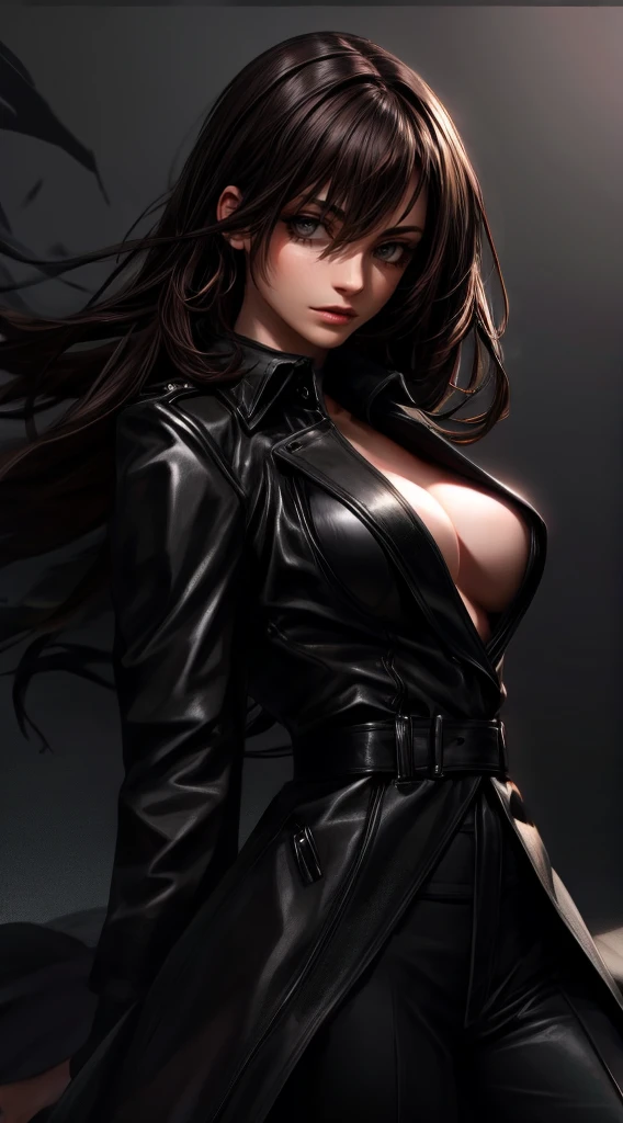 a sexy model wearing an untied designer long black trench coat,posing for a fashion photoshoot,high fashion editorial,dramatic lighting,cinematic composition,elegant pose,long flowing hair,beautiful detailed eyes,beautiful detailed lips,extremely detailed face and skin,sharp focus,vivid colors,photorealistic,hyper detailed,chiaroscuro lighting,moody atmosphere,dramatic shadows,professional photography
