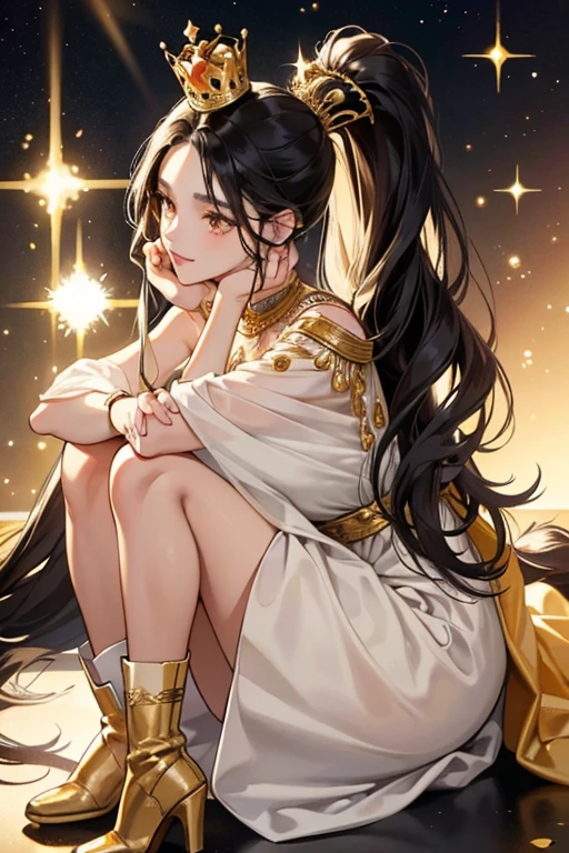 She has long black hair in a high ponytail with a large gold crown,and she brown eyes with gold eyeshadow and is wearing a gold, tan, blue, and white princess gown, she is also wearing red high top boots. SPARKLE; GLITTER