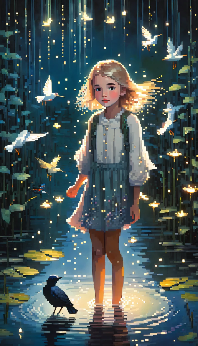 a young white girl standing in water, several birds flying and landing around her, fireflies in the night