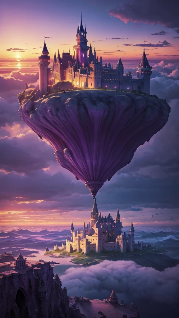Castle in the clouds floating in the sky in surrealism painting style, ethereal sky warm twilight sunset color palette, cold colors, purple sky, majestic architecture, grand and glowing, dreamy atmosphere, otherworldly beauty, expansive view, deep perspective, Salvador Dali style, surrealistic painting, colorful rainbow palette, fantasy world, intricate castle architecture
