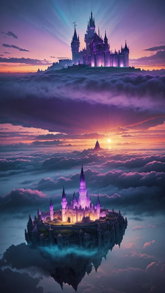Castle in the clouds floating in the sky in surrealism painting style, ethereal sky warm twilight sunset color palette, cold colors, purple sky, majestic architecture, grand and glowing, dreamy atmosphere, otherworldly beauty, expansive view, deep perspective, Salvador Dali style, surrealistic painting, colorful rainbow palette, fantasy world, intricate castle architecture