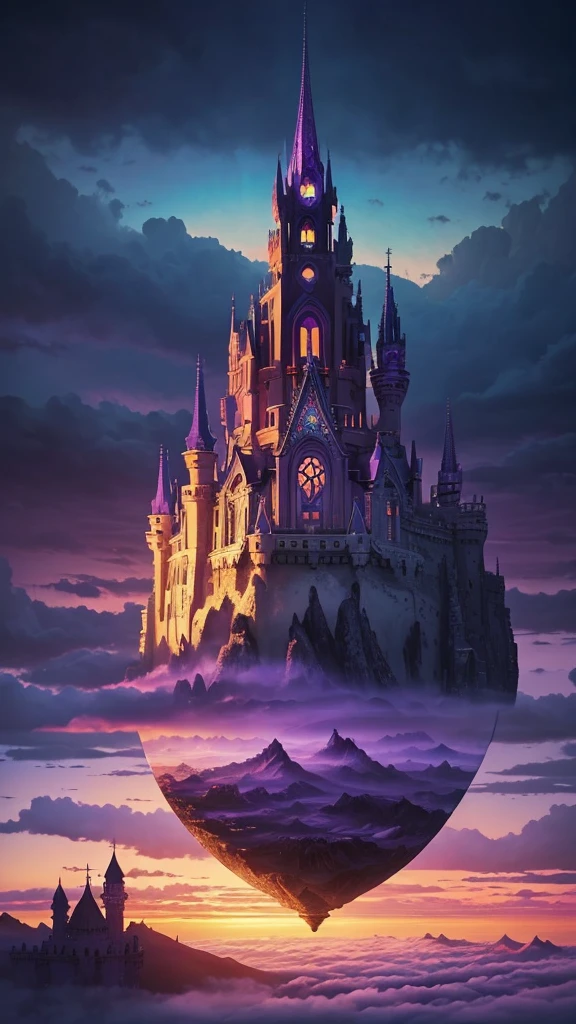 Castle in the clouds floating in the sky in surrealism painting style, ethereal sky warm twilight sunset color palette, cold colors, purple sky, majestic architecture, grand and glowing, dreamy atmosphere, otherworldly beauty, expansive view, deep perspective, Salvador Dali style, surrealistic painting, colorful rainbow palette, fantasy world, intricate castle architecture