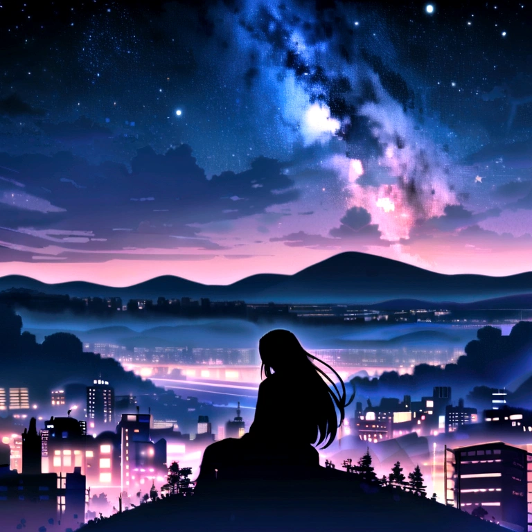 Octane, null, star (null), landscape, starry null, night, only , night null, alone, Outdoor, sign, building, cloud, milky way, Sitting, wood, Long Hair, city, silhouette, cityscape