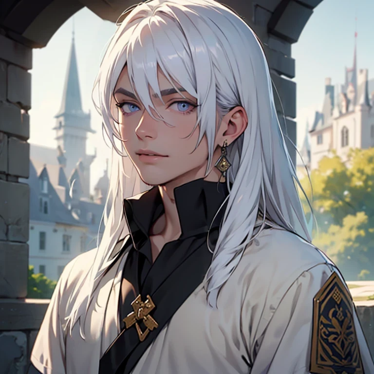 (Masterpiece), best quality, highest quality, highly detailed, original, high resolution CG Unit 8k wallpaper, (depth of field: 1.5), fidelity: 1.3, (best quality, artwork, masterpiece, 4k), solo, male, full body, pale white skin, white hair, long hair, straight hair, handsome man, detailed background of a castle, beautiful eyes, violet eyes, masterpiece, age 18, earrings, wearing realistic medieval clothing, detailed face, serene expression