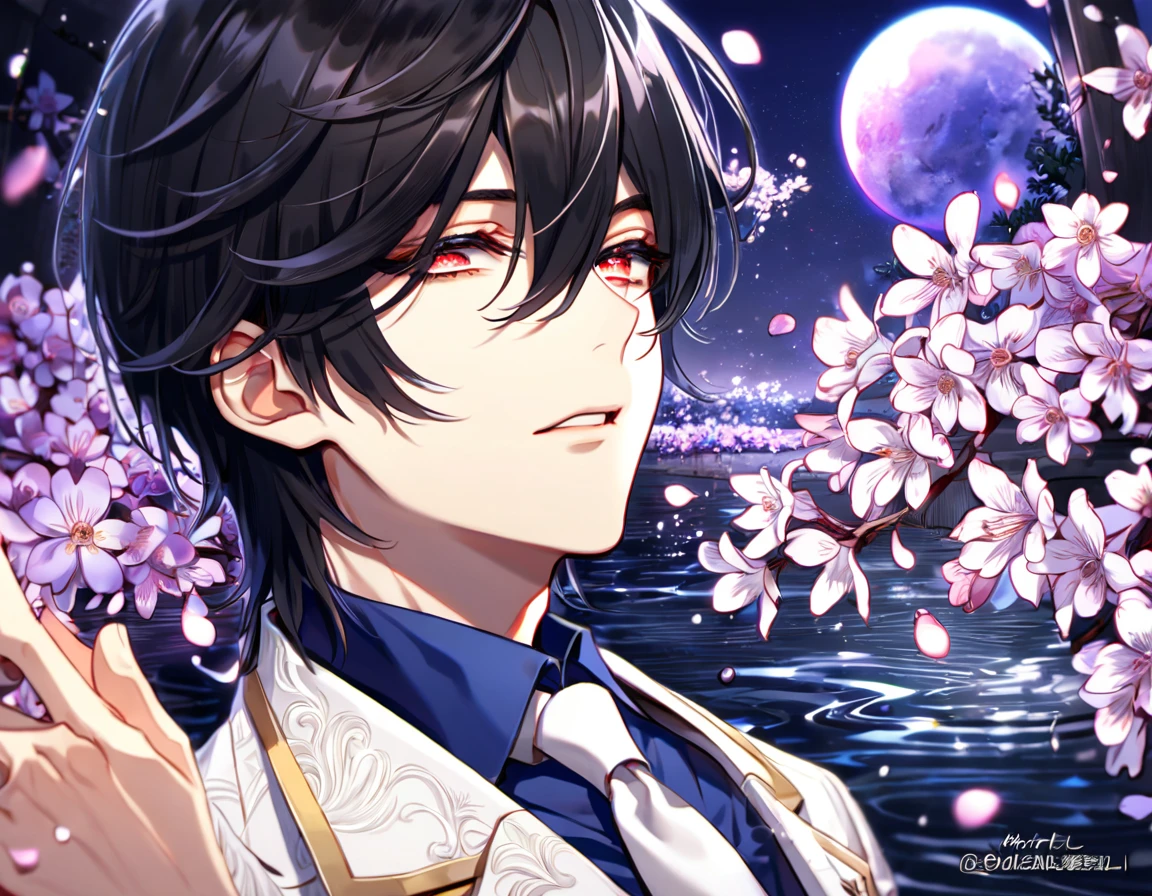 absurdres, highres, ultra detailed, HDR, master piece, best quality, Cadis Etrama Di Raizel, black hair, hair between the eyes, expressive red eyes, Noblesse, sexy man, solo, handsome, white jacket, blue shirt, white necktie, fantasy, purple flowers, blossoms, magical, purple petals, purple moon, water, fireflies