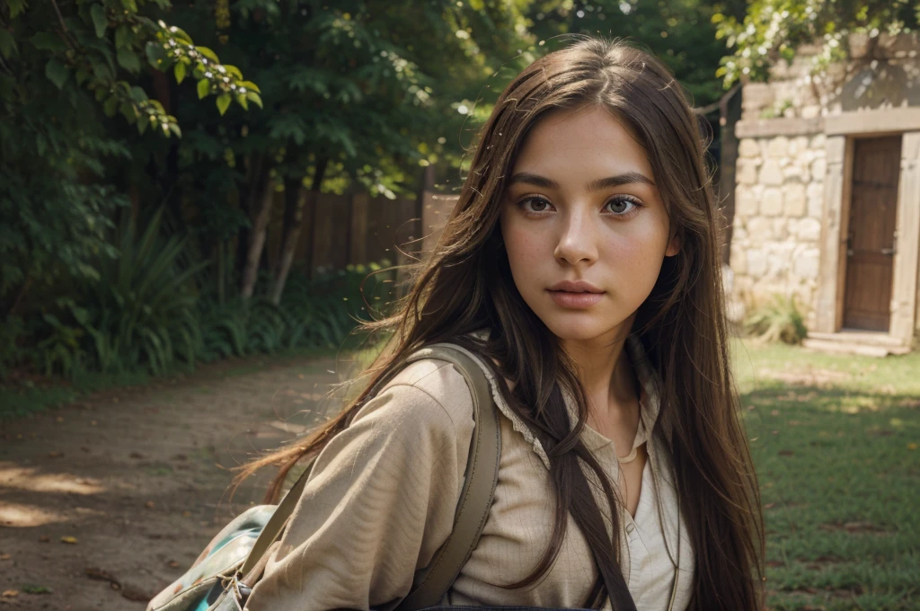 a girl from behind wearing a beige backpack, long flowing hair, outdoor nature landscape, beautiful detailed eyes, beautiful detailed lips, extremely detailed face and skin, highres, 8k, best quality, detailed painting, digital art, photorealistic, vibrant colors, natural lighting, serene, peaceful, calm