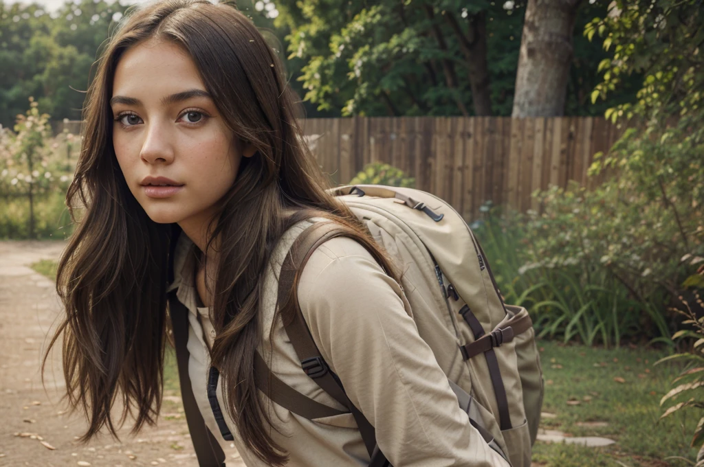 a girl from behind wearing a beige backpack, long flowing hair, outdoor nature landscape, beautiful detailed eyes, beautiful detailed lips, extremely detailed face and skin, highres, 8k, best quality, detailed painting, digital art, photorealistic, vibrant colors, natural lighting, serene, peaceful, calm