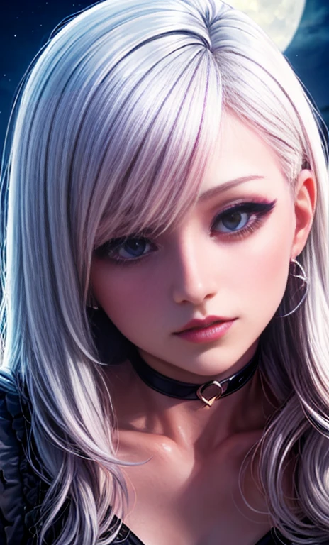 Depth of bounds written, detailed eye, ((CG illustration)), ((face focus)), ((masterpiece)), ((8K)), ((super detailed)), ((Super high quality)), ((cinematic)), ((Photoreal)), ((close up shot)), (solo), (cool girl), very long hair, straight hair, (((thin body))), Glossy skin, ((look away)), (Beautiful goth girl with high cheeks and legs), Gothic makeup, clear eyes, lipstick, dark eye shadow, ((No bra)), choker, earrings, provoke, night, ((full moon)), ((Functional)), Lonely, Visual kei, ((pastel colour)), Unwound clothes, forget, kiss, White Knight, dark, silence
