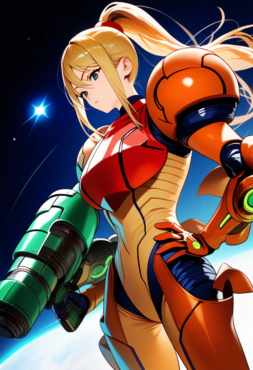 (best quality),female, long hair, ponytail, bangs, power suit(metroid),arm cannon,full armor,space background,ultra-detailed,sharp focus,aesthetic, score_9, score_8_up, score_7_up,source_anime,