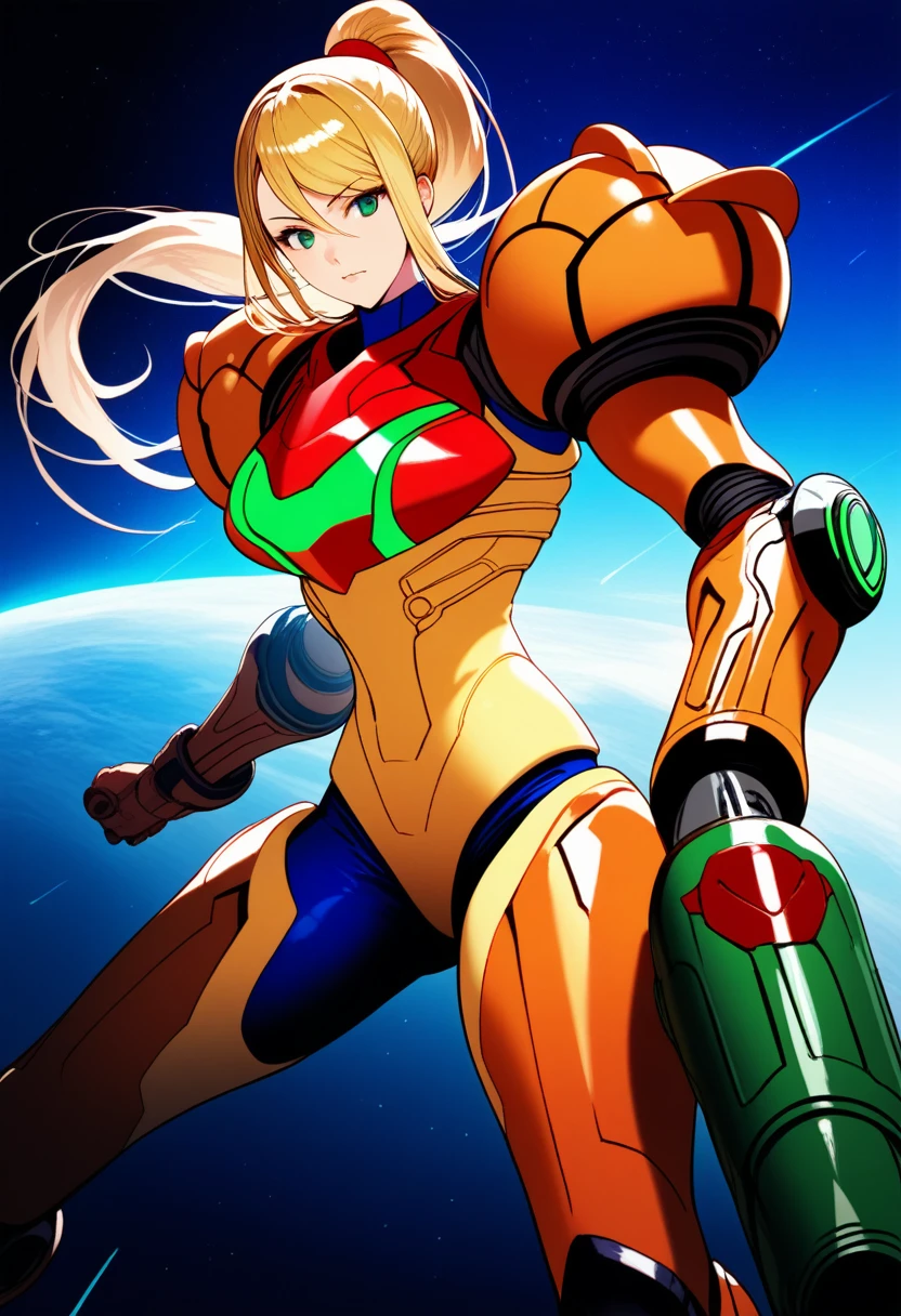 (best quality),female, long hair, ponytail, bangs, power suit(metroid),arm cannon,full armor,space background,ultra-detailed,sharp focus,aesthetic, score_9, score_8_up, score_7_up,source_anime,