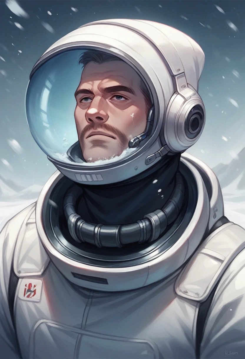 Generate a realistic image of a man dressed in an astronaut suit facing the camera in the snow.