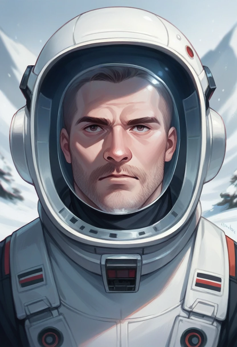 Generate a realistic image of a man dressed in an astronaut suit facing the camera in the snow. 