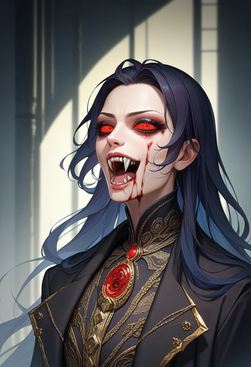 (Extremely detailed CG unity 8k wallpaper),(masterpiece), (best quality), (Extremely detailed), (Best Illustration Award),(The best shadow), 一个美丽的吸Blood鬼 ,(Sharp eyeliner, Eyeshadow, Exquisite eyes:1.1),(Black trench coat), Long hair, Red Eyes, Fangs, Blood,, In a dark environment.