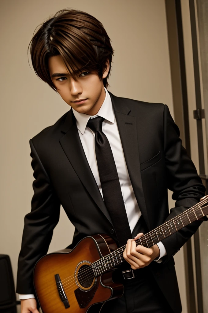 A male anime character,Brown hair,morenito,black clothes with tie,a guitar on his back