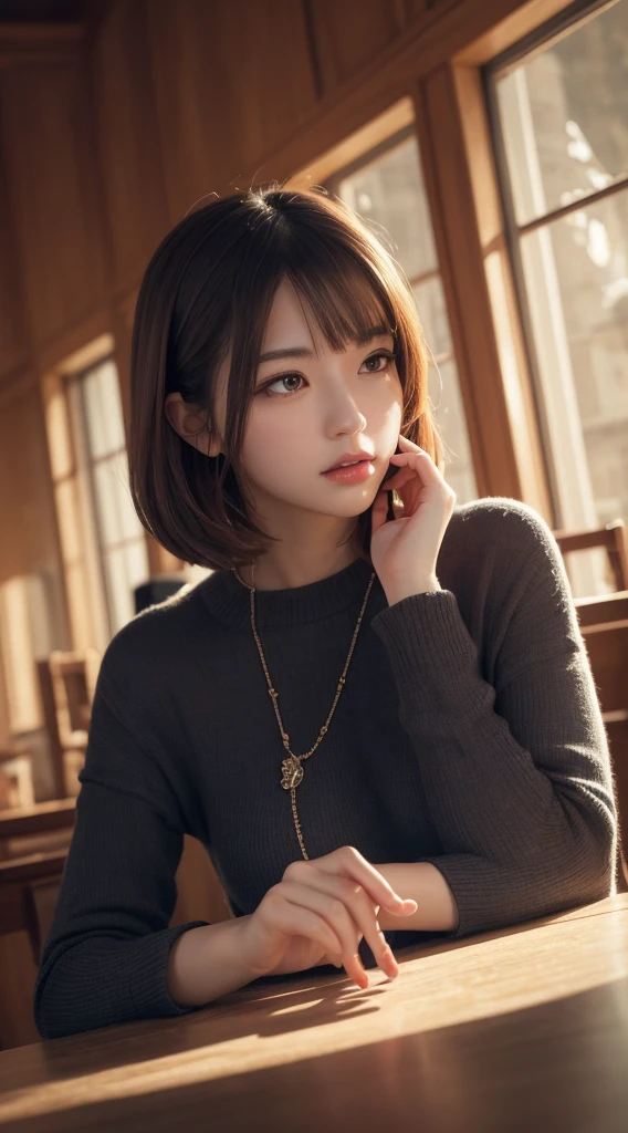 Tabletop, Highest quality, figure, Super detailed, In detail, High resolution, 8k wallpaper, Perfect dynamic composition, Beautiful attention to detail, Trendy women's winter fashion,Hair Bun,Small breasts Natural color Lips, Sexy pose,smile,Harajuku、20-year-old girl、cute、Looking at the camera、Super Real、(((Reality:1.5)))