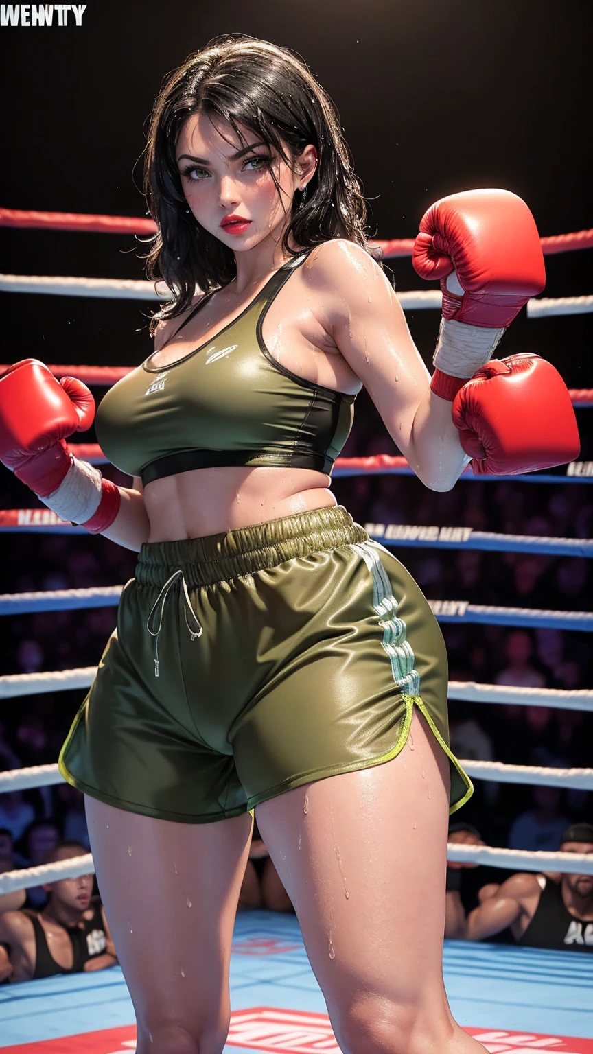 ((Curvy Denise Milani)) (Big bright green eyes) ((bright red lipstick)) ((stylish jet-black hair)) ((large fake breasts)) ((thicc thick thighs:1.3)) ((wearing sexy olive green boxing shorts:1.5)) ((short stiletto-heeled combat boots)) ((wrestling ring entrance, inside crowded stadium)), ((high definition:1.5), ((low intencity lights)) ((masterpiece:1.5)) ((16k:1.5)) ((Best quality:1.4)), (full body portrait), boxing shorts, sexy boxing shorts, glossy boxing shorts, wet shorts, sweaty shorts,