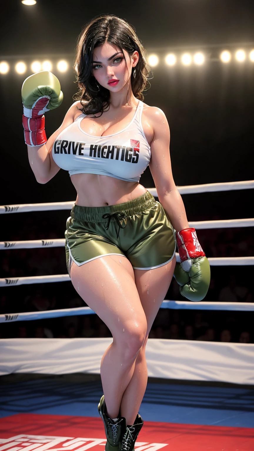 ((Curvy Denise Milani)) (Big bright green eyes) ((bright red lipstick)) ((stylish jet-black hair)) ((large fake breasts)) ((thicc thick thighs:1.3)) ((wearing sexy olive green boxing shorts:1.5)) ((short stiletto-heeled combat boots)) ((wrestling ring entrance, inside crowded stadium)), ((high definition:1.5), ((low intencity lights)) ((masterpiece:1.5)) ((16k:1.5)) ((Best quality:1.4)), (full body portrait), boxing shorts, sexy boxing shorts, glossy boxing shorts, wet shorts, sweaty shorts,