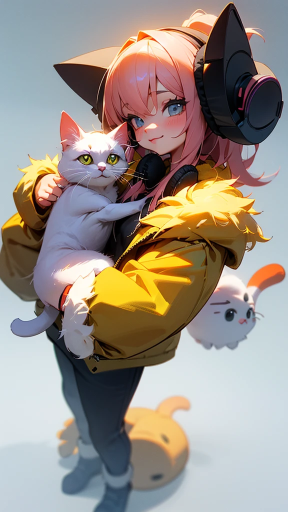 Cute cat with fluffy fur wearing one hoodie and headphones, The background is modern and inorganic, Adorable digital painting, 3D Rendering, Bright lighting, Vibrant colors,