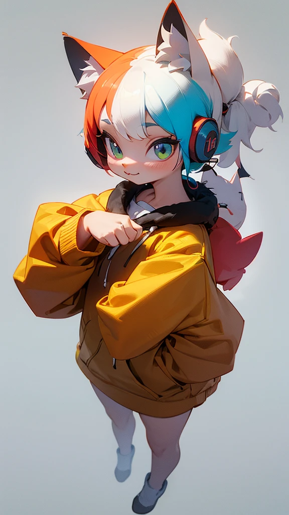 Cute cat with fluffy fur wearing one hoodie and headphones, The background is modern and inorganic, Adorable digital painting, 3D Rendering, Bright lighting, Vibrant colors,