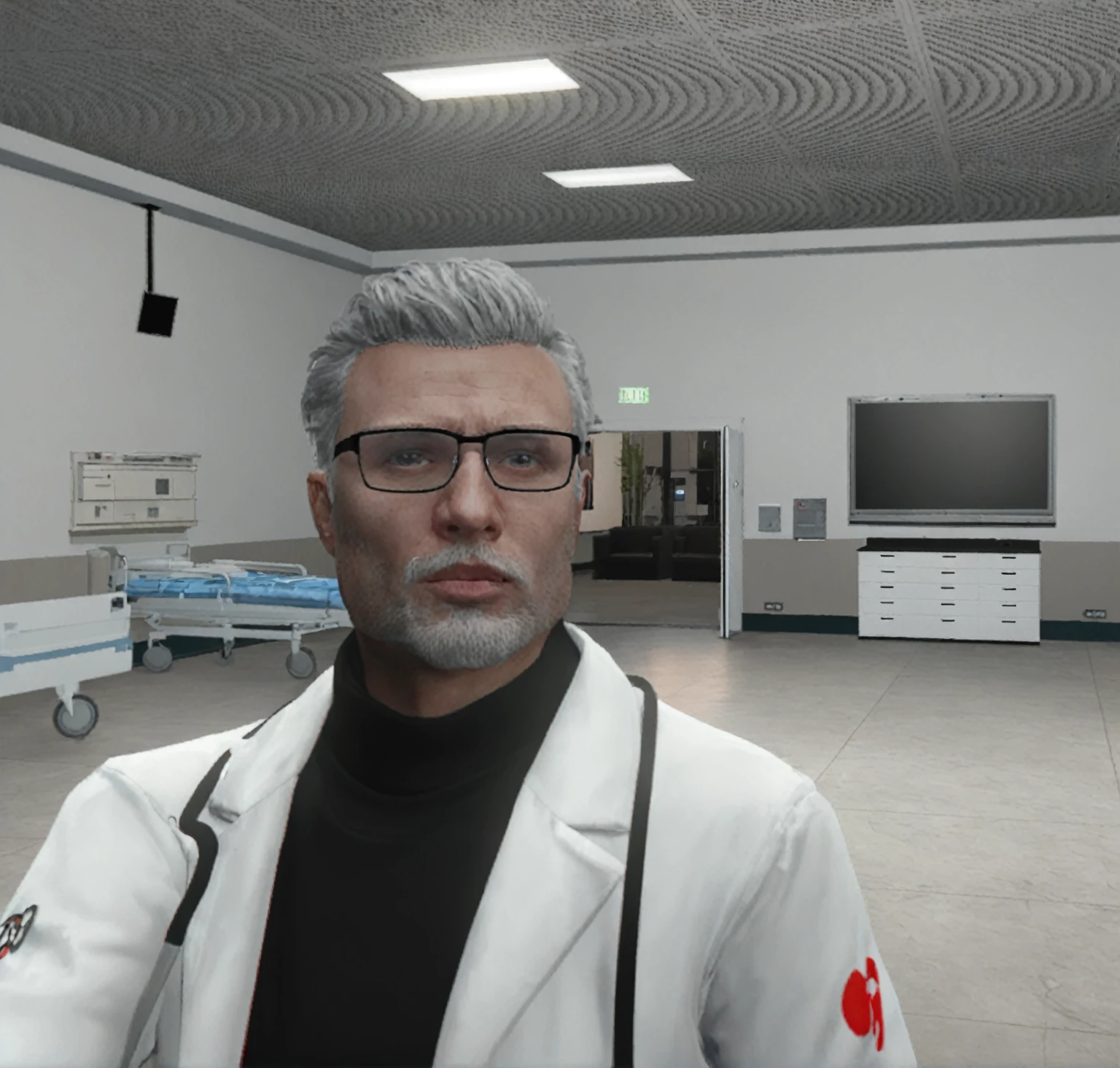 photo of a male doctor with defined jawline, white beard and white hair, with glasses