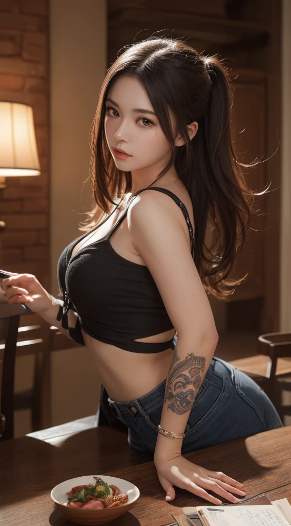 Tabletop, Highest quality, figure, Super detailed, In detail, High resolution, 8k wallpaper, Perfect dynamic composition, Beautiful attention to detail, Trendy women's winter fashion,Hair Bun,Small breasts Natural color Lips, Sexy pose,smile,Harajuku、20-year-old girl、cute、Looking at the camera、Super Real、(((Reality:1.5)))