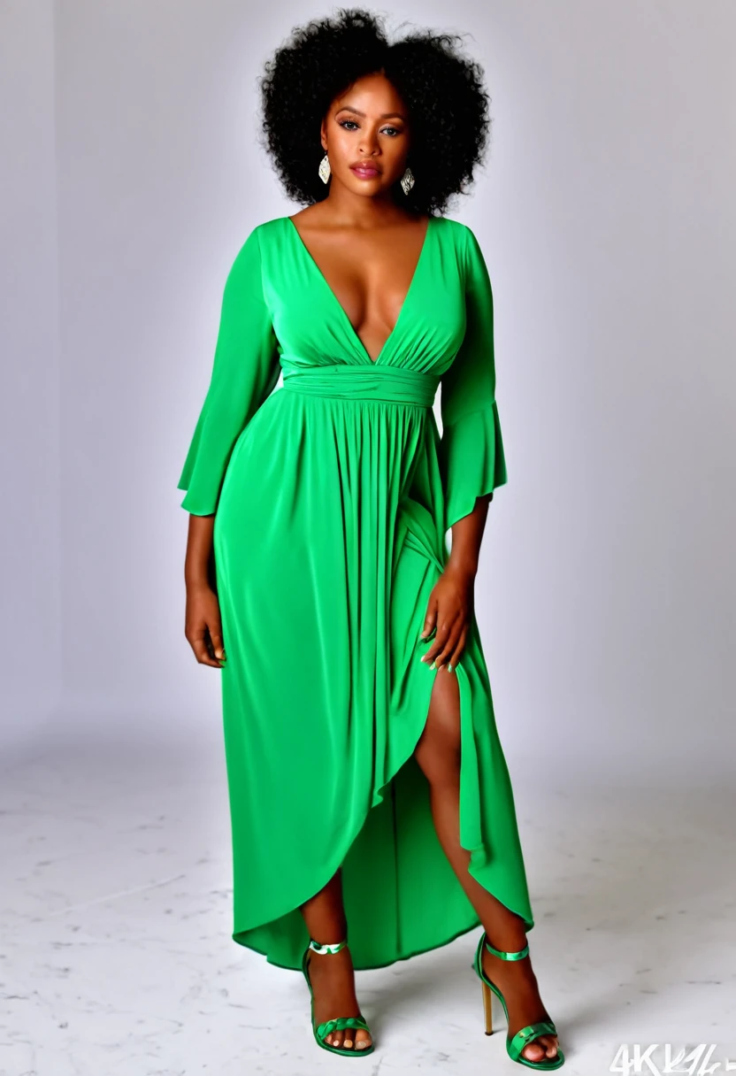 extremely beautiful black woman wearing a gorgeous emerald green dress and beautiful sandals, 4K, HD, photo-realistic