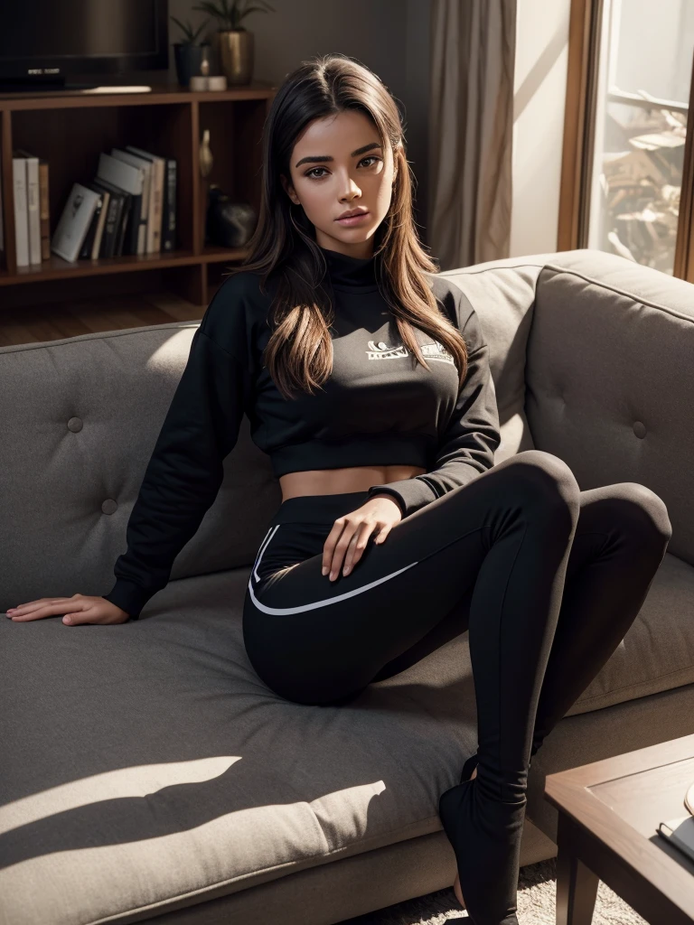 gorgeous young woman, in her living room, on a sofa, wearing a legging and a sweatshirt, full body, beautiful face, masterpiece, best quality, ultra-detalled, solo, shadows, contrast, cinematic light, side lighting, ultra high resolution, best shadow, RAW, 4k, 85 mm, poca profundidad de campo, Kodak Vision Color, extrem adamente detallado, Cinematographer _\(ultra\), photorealistic, Realstic, Postproceso, Maximum details, asper eza, vida real, ultra realista, fotorrealismo, Cinematographer, 8k UHD, Cinematographer