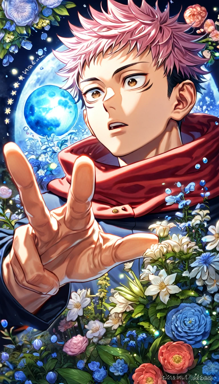 absurdres, highres, ultra detailed, HDR, master piece, Itadori Yuuji, pink hair, short bangs, expressive brown eyes, black shirt, red scarf, Jujutsu Kaisen, man, handsome, best quality, blue moon, flowers, fantasy, magical, solo, water, blue shining fireflies, blue petals, Jujutsu Kaisen uniform