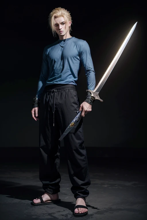A 22 year old man, dry blue long thermal shirt, black long pants, sandal, sword and combat pose, yellow iris shining, hair with the top dyed blonde and hair on the sides painted black, defined body.