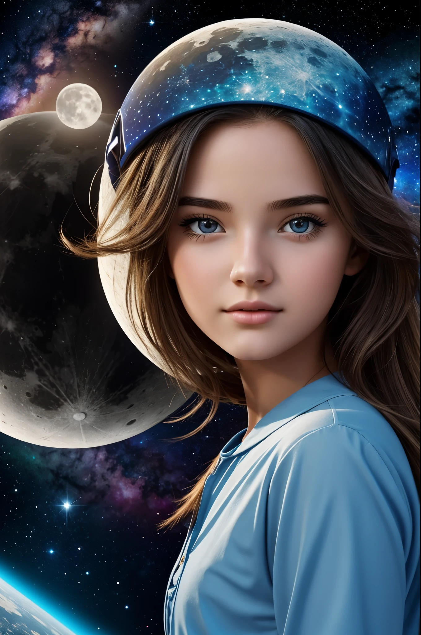 An animated beautiful young girl of 18 years old with a background of the moon and the space universe. Also add the name Hermelinda with very beautiful letters 