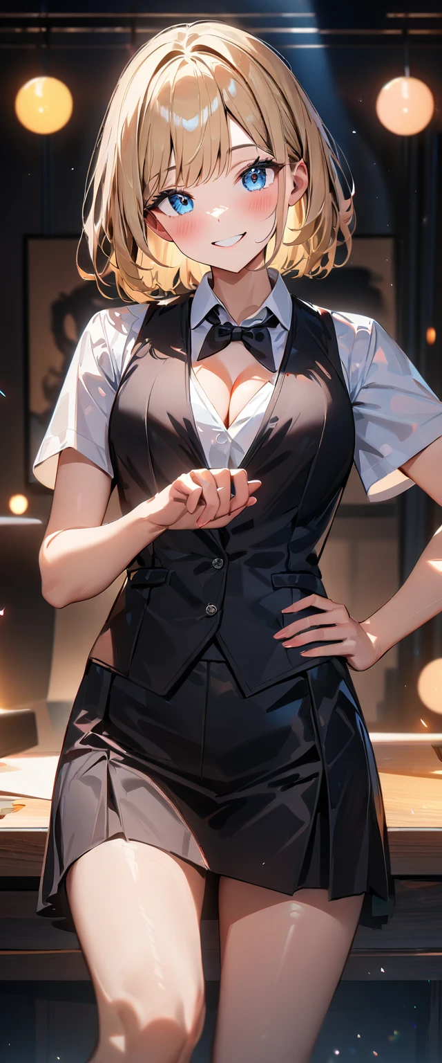 (((One girl))), blond hair, bob cut, (cowboy shot), (looking at viewer), (cleavage), face in focus, teenager, head tilt:1.3, (((blue eye))), ((happy smile)), ((blush)), contrapposto, one hand on hip, school summer uniform, white shirts, ((black tie under the waistcoat)), skirt, black waistcoat, anime style, (best quality, 4k, 8k, highres, masterpiece:1.2, ultra-detailed, ultra-detailed eyes, HDR, UHD, studio lighting, ultra-fine painting, sharp focus, physically-based rendering, extreme detail description, professional, vivid colors, bokeh)