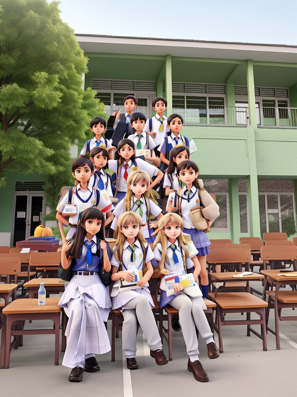 Photo of several students gathered wearing school uniforms