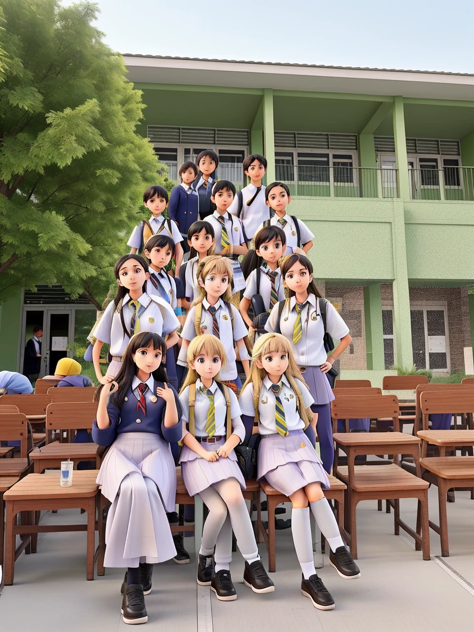 Photo of several students gathered wearing school uniforms
