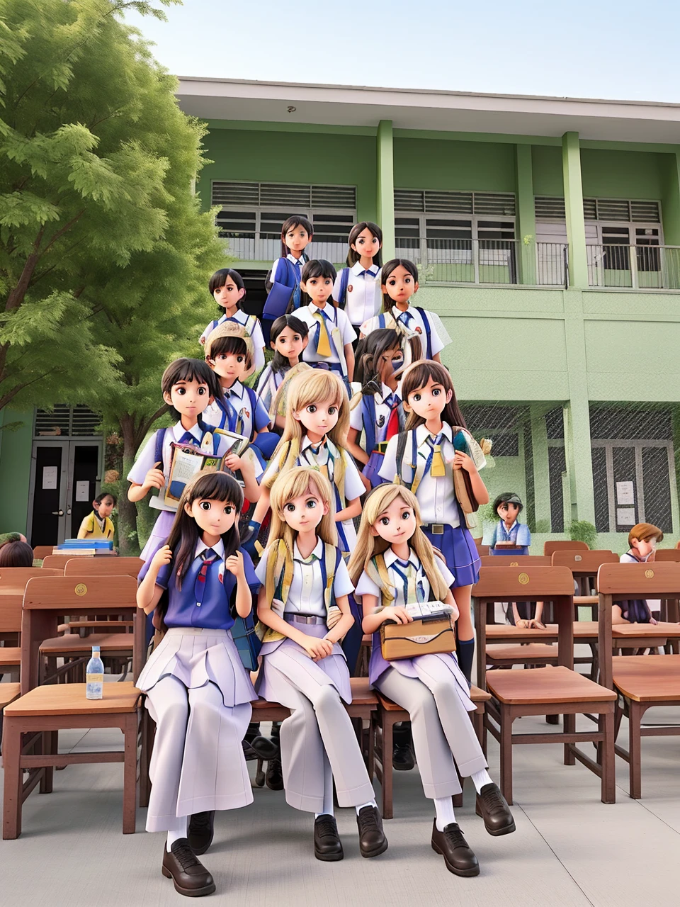 Photo of several students gathered wearing school uniforms