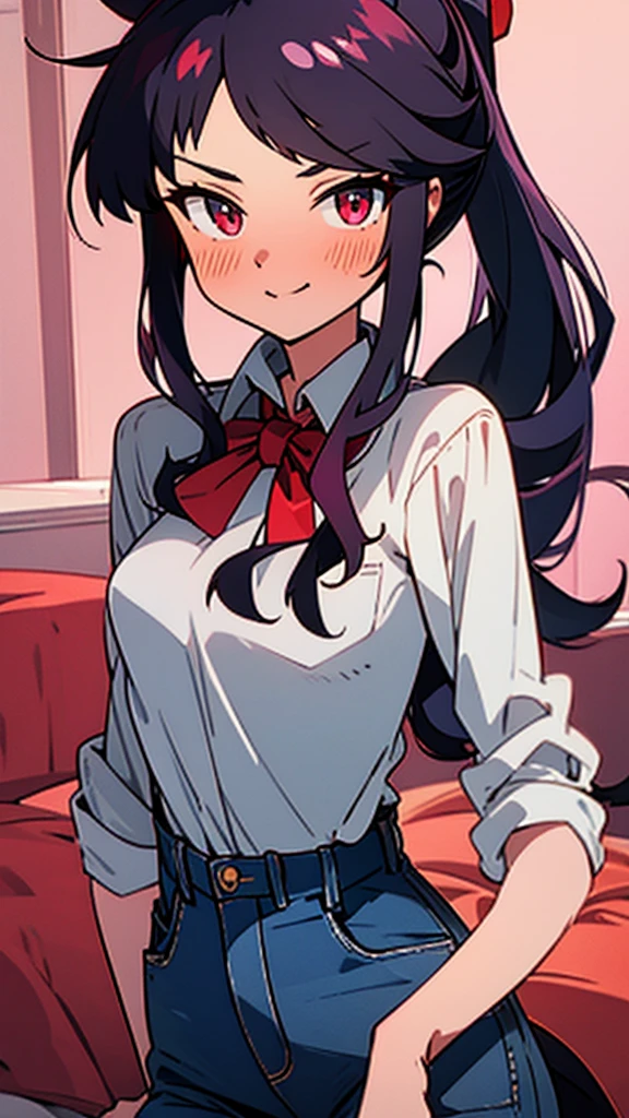 high tail hairstyle, Horse tail, Long wavy black hair, standing posing, anime girl style, pixel art anime style,penetrating look with deep eyes,red and purple eyes, hair with a ponytail hairstyle caught with a red bow, Women, red hair clips, black hat, short white shirt, jeans, smiling face blush, standing in his bedroom, next to his bed