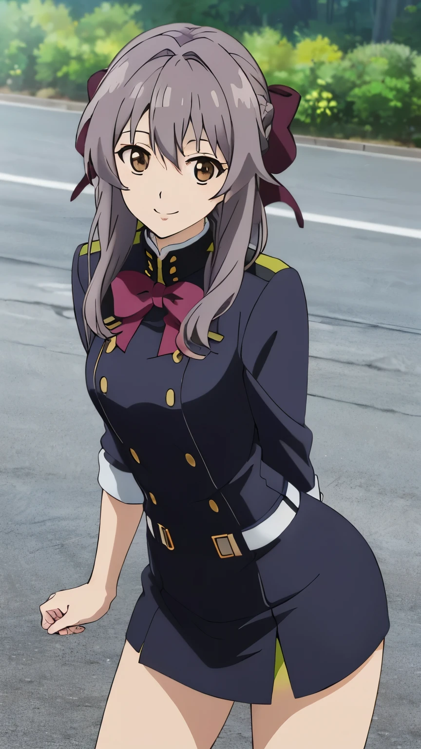 (masterpiece, best quality, high resolution, 8k),anime art style, Shinoa, 1 girl, dark brown eyes, medium breasts, smile, hair ribbon, (photorealistic, smile:1.2), alone, standing,dynamic Angle cowboy shot,