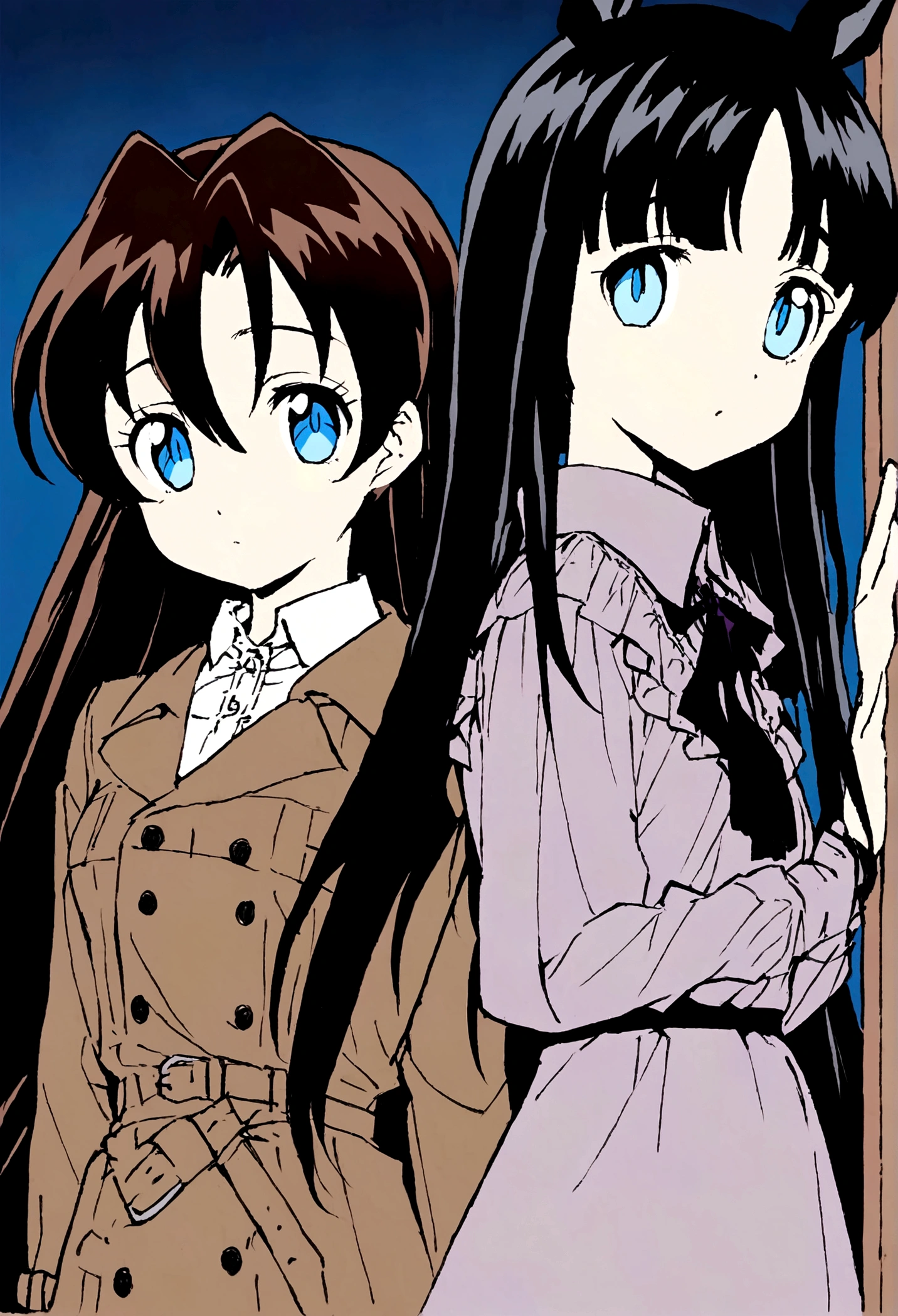 Anime girl with long black hair and blue eyes, Anime Moe Art Style, Gothic maiden anime girl, Gap Moe Yandere Grim Dark, Basic trench coat　 Ghostly eyes and dark hair, 1 7 - Year Old Anime Girl, ufotable&#39;s art style, by Hitoshi Homura, Fate-like anime style/Stay Night, Long Hair Anime Girl　Light blue eyes　Horse ears　Horse Girl