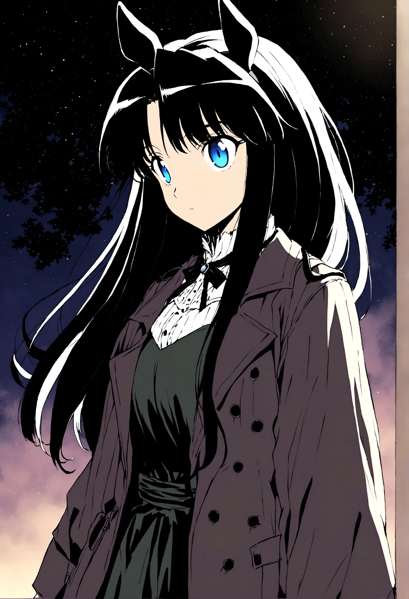 Anime girl with long black hair and blue eyes, Anime Moe Art Style, Gothic maiden anime girl, Gap Moe Yandere Grim Dark, Basic trench coat　 Ghostly eyes and dark hair, 1 7 -  Anime Girl, ufotable&#39;s art style, by Hitoshi Homura, Fate-like anime style/Stay Night, Long Hair Anime Girl　Light blue eyes　Horse ears　Horse Girl