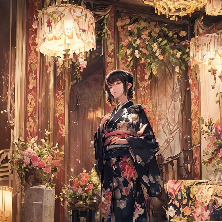 (Fox Girl, Fox Ears, Black colored hair, Fox Makeup, One Girl, Long Hair:1.6), (kimono, Kimono with open chest, A beautiful kimono with red and black patterns, I can see her cleavage, Open chest, Exposed skin:1.8), (Body measurements are 75-60-75!, Young girl body, Small breasts, Small breasts, Emphasize the chest, Knees are slightly visible, Muscular, Abdominal muscles, Hide your own chest with your hands:1.9), Avatar, face, lewd face, Dominant representation, naughty face, Uplifting, Skin Texture, outside, Grassy field