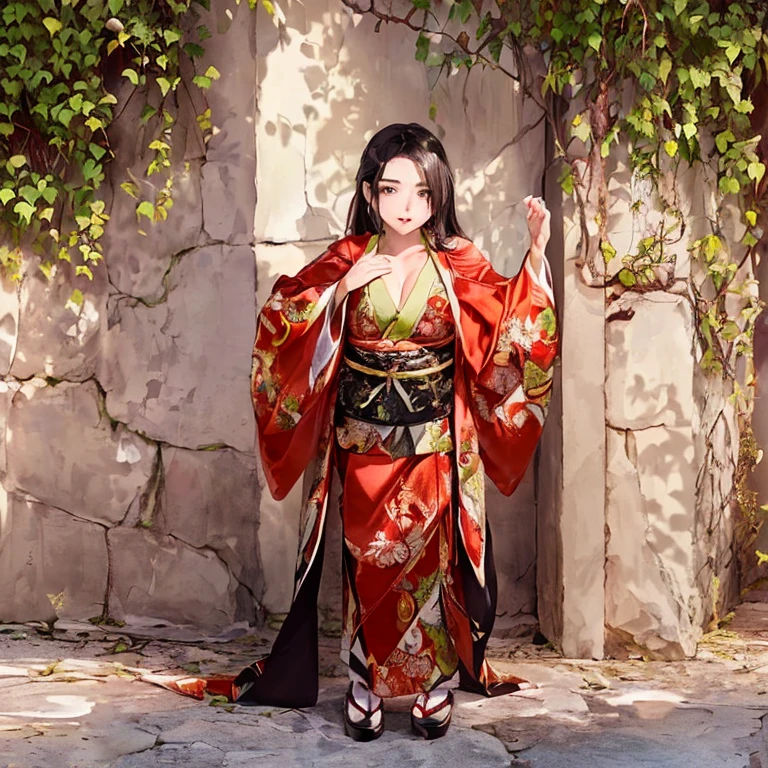 (Fox Girl, Fox Ears, Black colored hair, Fox Makeup, One Girl, Long Hair:1.6), (kimono, Kimono with open chest, A beautiful kimono with red and black patterns, I can see her cleavage, Open chest, Exposed skin:1.8), (Body measurements are 75-60-75!, Young girl body, Small breasts, Small breasts, Emphasize the chest, Knees are slightly visible, Muscular, Abdominal muscles, Hide your own chest with your hands:1.9), Avatar, face, lewd face, Dominant representation, naughty face, Uplifting, Skin Texture, outside, Grassy field
