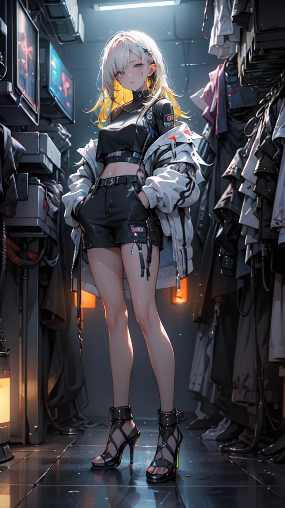 1 girl, long yellow hair , cyberpunk, Blue eyes, high heels, hand in pocket, Best Quality, 4k, 8k, high resolution, Masterpiece:1.2, ultra detailed, realist, photorealist, photo-realist:1.37, HDR, UHD, studio lighting, ultrafine paint, sharp focus, physically based rendering, extreme detailed description, professional, vivid colors, bokeh, cyberpunk, Science fiction, neon lights, dark atmosphere, dramatic lighting