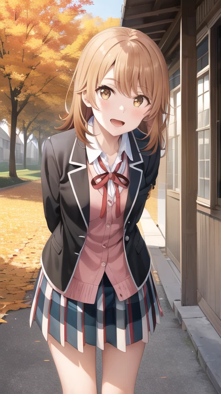 masterpiece, best quality, highres, aairoha, medium hair, , neck ribbon, collared shirt, blazer, black jacket, open jacket, long sleeves, plaid skirt, standing, cowboy shot, leaning forward, arms behind back, smile, open mouth, outdoors, autumn,