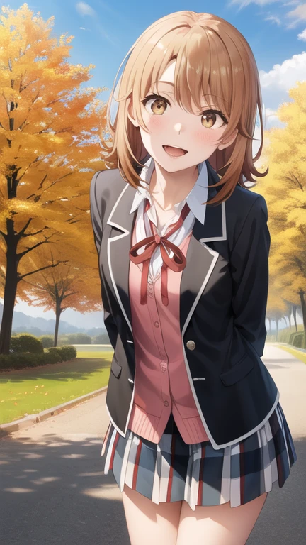 masterpiece, best quality, highres, aairoha, medium hair, , neck ribbon, collared shirt, blazer, black jacket, open jacket, long sleeves, plaid skirt, standing, cowboy shot, leaning forward, arms behind back, smile, open mouth, outdoors, autumn,